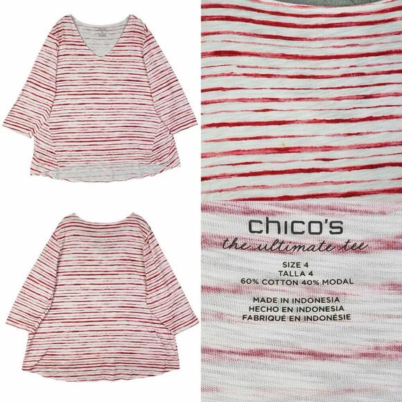 Chicos Shirt Ultimate Tee Size 4 US XXL 2X White Red Striped 3/4 Sleeve Stretch - Picture 1 of 9